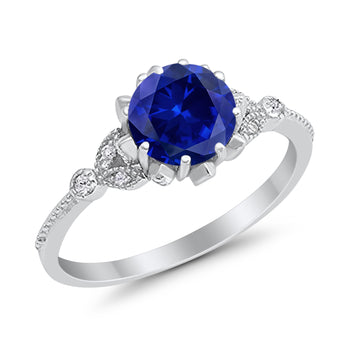 Art Deco Design Fashion Ring Round Simulated Blue Sapphire CZ 925 Sterling Silver